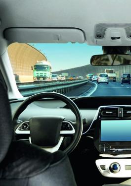 Picture form the backseat of a  self-driving car